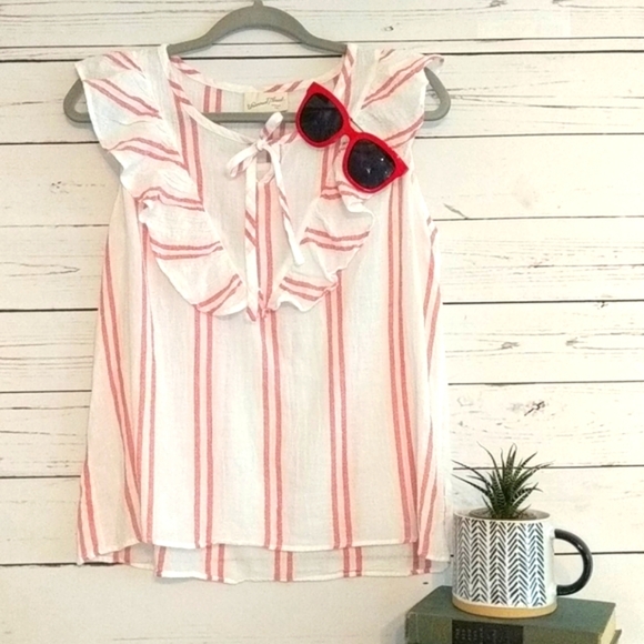 Universal Thread Red White Linen Stripe Ruffle Cropped Sleeveless Shirt‎ Medium - Picture 2 of 6